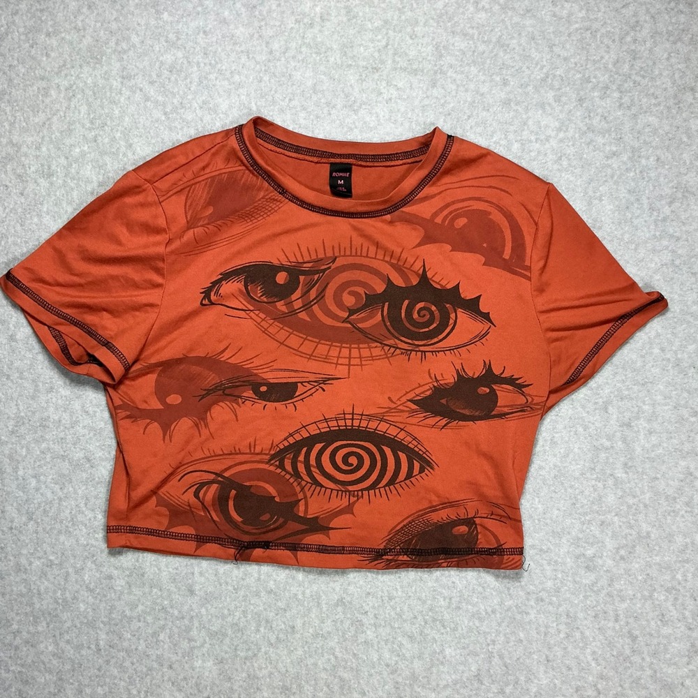 Romwe Womens Graphic Eye Print Crop Top Burnt Orange Short Sleeve Size M